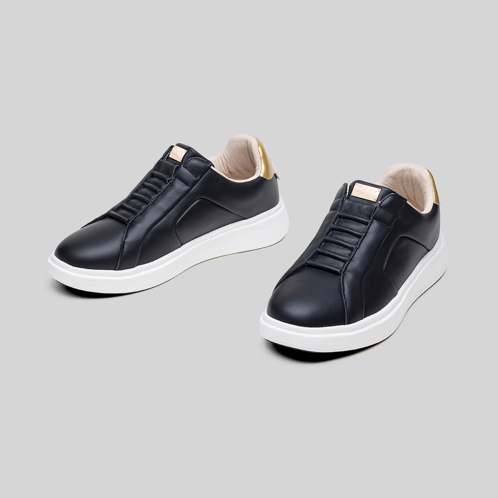 Icon Prestige レディース レザースニーカー 黒 ゴールド – Royal